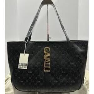 Cavalli Class Black Quilted Logo Tote Shoulder Bag NWT